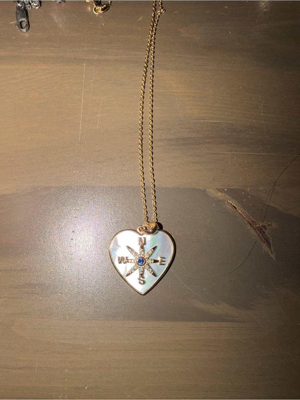 Gold Heart Compass Pendant Necklace with Mother-of-Pearl Inlay